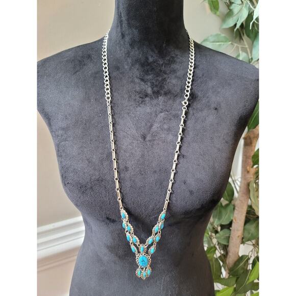 Women's Turquoise Stone Pendant Necklace Silver Tone Chain Clasp Statement - Picture 1 of 6